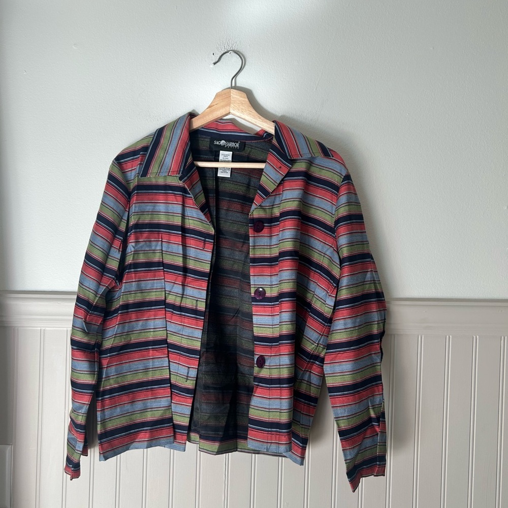 Vintage Sag Harbor Women’s Blazer Jacket Small Petite Pink Multicolor Stripe
